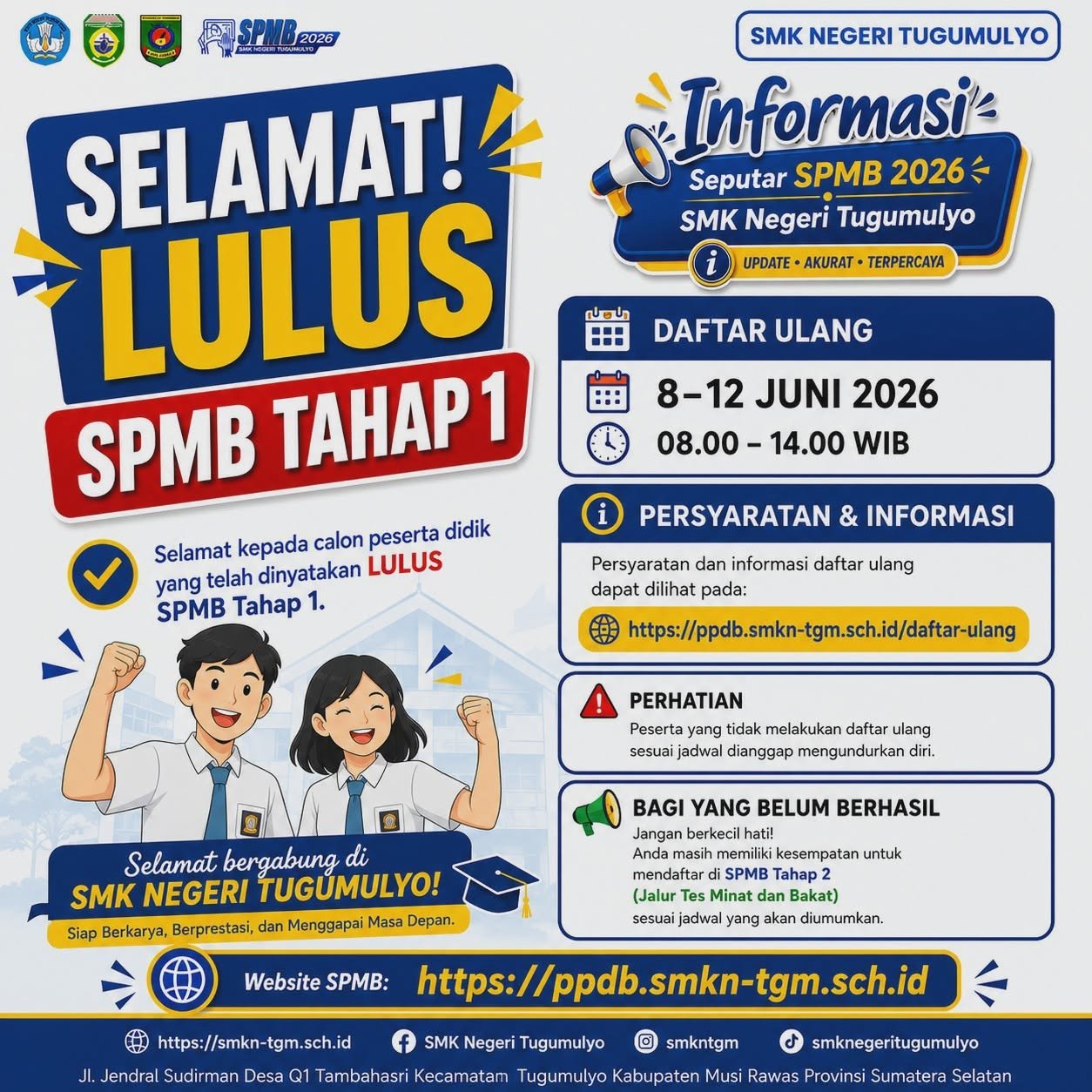 Pengumuman Hasil Seleksi SPMB Tahap 1 SMK Negeri Tugumulyo Tahun Pelajaran 2026/2027