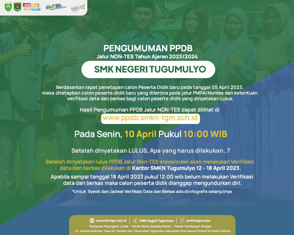 Pengumuman Tentang Seleksi Penerimaan Siswa Baru Jalur Prestasi/Nontes SMK Negeri Tugumulyo