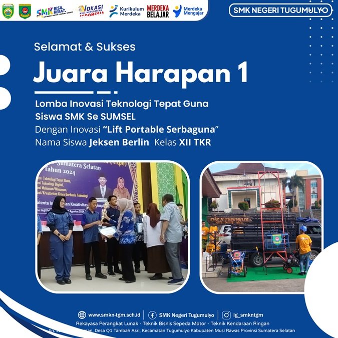 SMK Negeri Tugumulyo Juara Harapan 1 Dalam Lomba Inovasi Teknologi Tepat Guna Siswa SMK Se-SUMSEL Tahun 2024